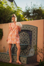 Peach mix floral puff sleeve jacquard dress