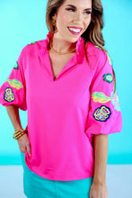 Hot Pink Embroidered Puff Sleeve Top