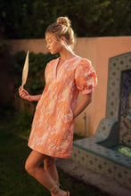 Peach mix floral puff sleeve jacquard dress