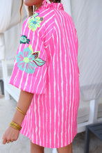 Hot Pink Striped Embroidered Puff Sleeve Dress