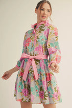 Pink mix ruffled neckline floral tiered dress with 3/4 sleeves and pockets