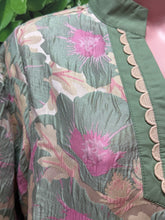 Sage 1/2 sleeves floral jacquard dress with solid contrast and scallop trim detail, side pockets.