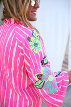 Hot Pink Striped Embroidered Puff Sleeve Dress