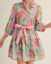 Pink mix ruffled neckline floral tiered dress with 3/4 sleeves and pockets