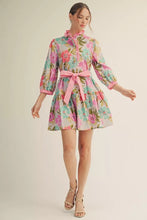 Pink mix ruffled neckline floral tiered dress with 3/4 sleeves and pockets