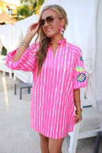 Hot Pink Striped Embroidered Puff Sleeve Dress