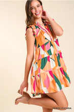 Abstract print short ruffle sleeve dress
