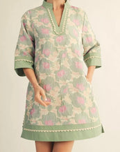 Sage 1/2 sleeves floral jacquard dress with solid contrast and scallop trim detail, side pockets.