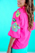 Hot Pink Embroidered Puff Sleeve Top