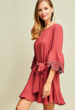 Marsala Lace Detail Bell Sleeve Dress