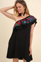 Black One Shoulder Floral Embroidered Dress