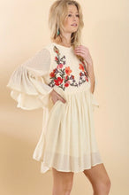 Natural Floral Embroidered Bell Sleeve Dress