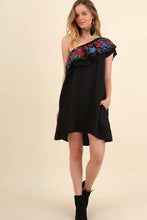 Black One Shoulder Floral Embroidered Dress