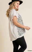 Oatmeal short sleeve animal print top with frayed hem